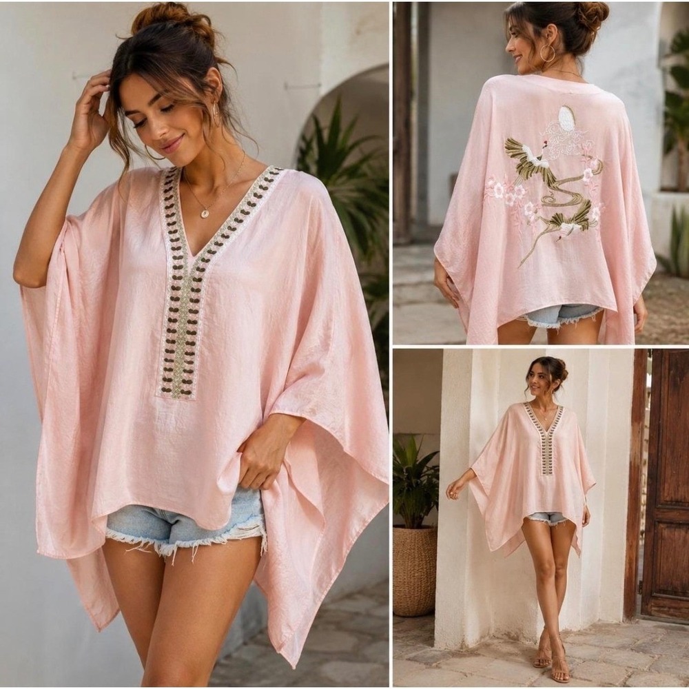 Floreat June Embroidered Poncho Womens One Size Pink Embroidered Crane Boho